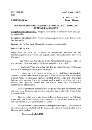 Première page de Allemand 1ère B — 2e devoir surveillé, 2e semestre (2019-2020) · CEG du Lac