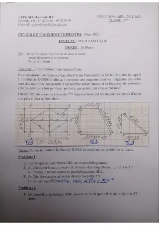 Première page de Mathématiques 6e — Devoir surveillé (2021-2022) · CPEG MARIA-CAROLE