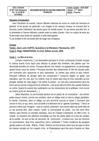 Première page de Français 2nde A, 2nde B, 2nde C, 2nde D — Interrogation, 2e semestre (2019-2020) · CEG l'Océan