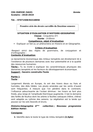 Première page de Histoire-Géographie 5e — 1er devoir surveillé, 2e semestre (2018-2019) · Ceg OUESSE