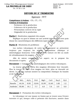Première page de SVT 4e, 4e ML — Composition, 2e trimestre (2019-2020) · CEPG La Prunelle de Dieu