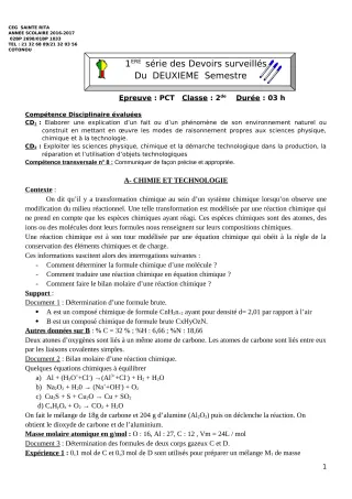 Première page de PCT 2nde C, 2nde D — 1er devoir surveillé, 2e semestre (2018-2019) · CEG Sainte Rita