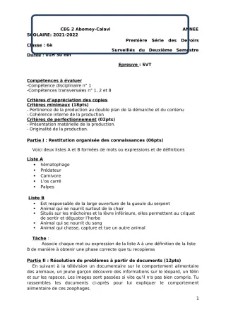 Première page de SVT 6e — 1er devoir surveillé, 2e semestre (2021-2022) · CEG2 ABOMEY - CALAVI (CEG ZOCA)