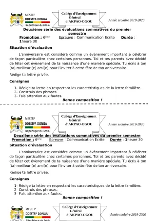 Première page de Français 6e, 5e, 4e, 4e ML, 3e, 3e ML — 2e évaluation sommative, 1er semestre (2019-2020) · CEG Akpao-Ogou