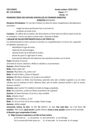 Première page de Espagnol 4e — 1er devoir surveillé, 1er semestre (2020-2021) · CEG PAHOU