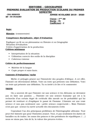 Première page de Histoire-Géographie 2nde A1, 2nde A2 — 1re production scolaire, 1er semestre (2019-2020) · CEG SEHOUE