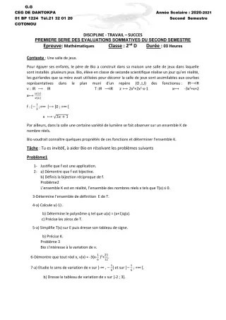 Première page de Mathématiques 2nde D — 1re évaluation sommative, 2e semestre (2020-2021) · CEG Dantokpa
