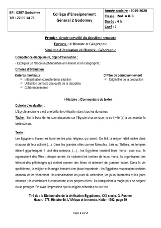 Première page de Histoire-Géographie 2nde A2, 2nde B, 2nde EFS — 1er devoir surveillé, 2e semestre (2019-2020) · CEG2 Godomey