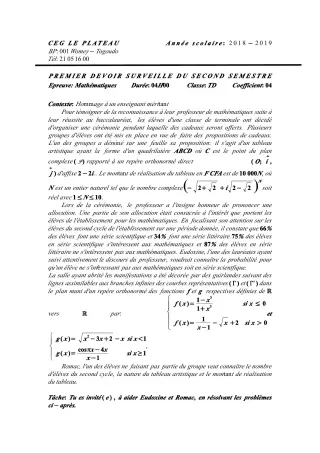 Première page de Mathématiques Tle D — 1er devoir surveillé, 2e semestre (2018-2019) · CEG Le Plateau