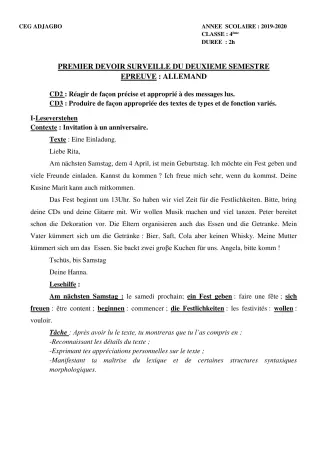 Première page de Allemand 4e, 4e ML, 3e, 3e ML — 1er devoir surveillé, 2e semestre (2019-2020) · CEG ADJAGBO