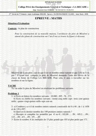 Première page de Mathématiques 6e, 5e, 4e, 4e ML, 3e, 3e ML, 2nde B, 2nde D, 1ère A2, 1ère B, 1ère D, Tle A2, Tle B, Tle D — 2e devoir surveillé, 1er trimestre (2020-2021) · CPEG LA RECADE