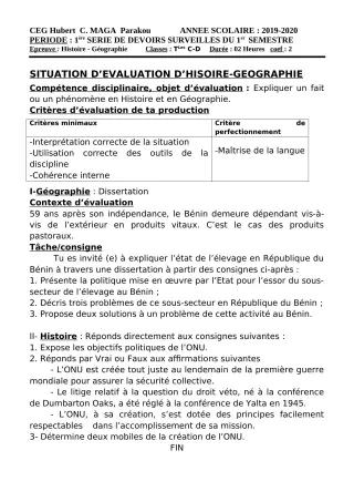 Première page de Histoire-Géographie 2nde C, 2nde D, 1ère C, 1ère D, Tle C, Tle D — 1er devoir surveillé, 1er semestre (2019-2020) · CEG Hubert C. MAGA