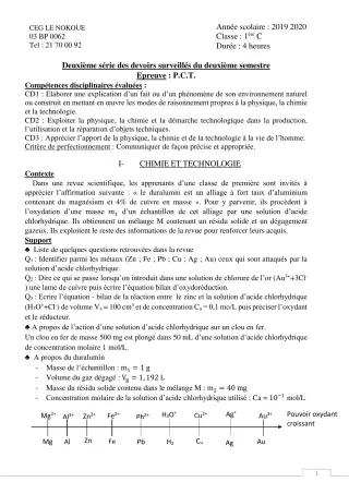 Première page de PCT 1ère C — 2e devoir surveillé, 2e semestre (2019-2020) · CEG LE NOKOUE
