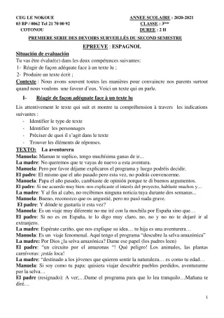 Première page de Espagnol 3e ML — 1er devoir surveillé, 2e semestre (2020-2021) · CEG LE NOKOUE