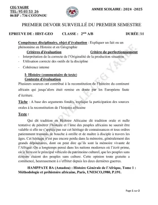 Première page de Histoire-Géographie 2nde A2, 2nde B — 1er devoir surveillé, 1er semestre (2024-2025) · CEG Yagbe