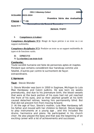 Première page de Anglais 1ère D — 1re évaluation sommative, 2e semestre (2023-2024) · CEG2 ABOMEY - CALAVI (CEG ZOCA)