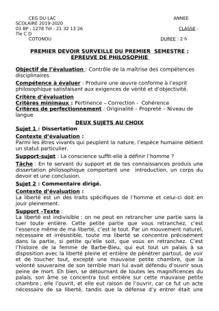 Première page de Philosophie Tle C, Tle D — 1er devoir surveillé, 1er semestre (2019-2020) · CEG du Lac