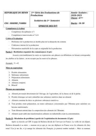 Première page de SVT 6e — Composition, 1er semestre (2020-2021) · CEG SEKERE
