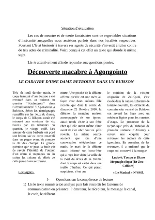 Première page de Devoir surveillé de FRANCAIS — 2nde B, 2nde D, 1ère B, Tle B — Lycée Houegbadja d'Abomey (Ex Mafory Bangoura) (2019)