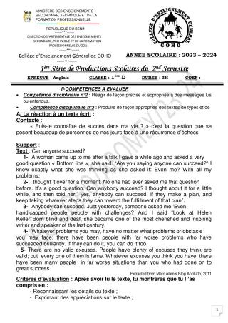 Première page de Anglais 1ère D — 1re production scolaire, 2e semestre (2023-2024) · CEG GOHO