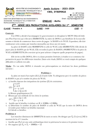 Première page de Mathématiques 1ère A — 2e production scolaire, 1er semestre (2023-2024) · CEG1 Ikpinlè