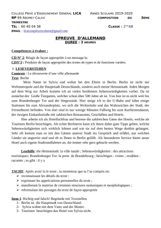 Première page de Espagnol 2nde A2, 2nde B — Composition, 3e trimestre (2019-2020) · CPEG LICA