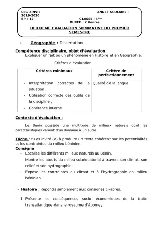 Première page de Histoire-Géographie 4e ML — 2e évaluation sommative, 1er semestre (2019-2020) · CEG Zinvié