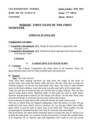 Première page de Devoir surveillé de ANGLAIS — 2nde A1, 2nde A2, 2nde B, 2nde C, 2nde D — CEG Kouhounou-Vêdoko (2019)