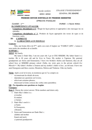 Première page de Anglais 6e — 1er devoir surveillé, 1er semestre (2021-2022) · CEG SEKERE