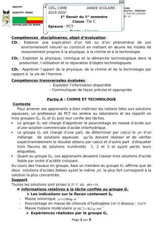 Première page de PCT Tle C — 1er devoir surveillé, 1er semestre (2019-2020) · CEG 1 Comè