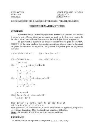 Première page de Mathématiques 1ère C — 2e devoir surveillé, 1er semestre (2017-2018) · CEG l'Océan