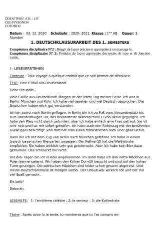 Première page de Devoir surveillé de ALLEMAND — 1ère A2, 1ère B — CEG FIYEGNON (2020)