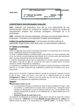 Première page de PCT Tle D — 2e devoir surveillé, 2e semestre (2018-2019) · CEG2 ABOMEY - CALAVI (CEG ZOCA)