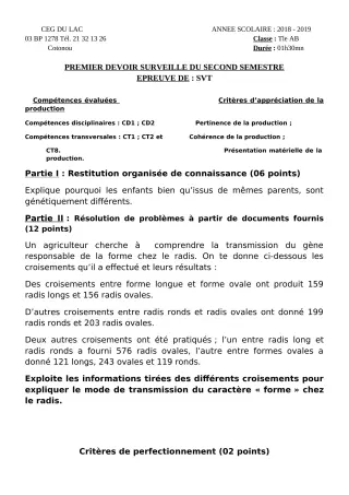 Première page de SVT Tle A2, Tle B — 1er devoir surveillé, 2e semestre (2018-2019) · CEG du Lac