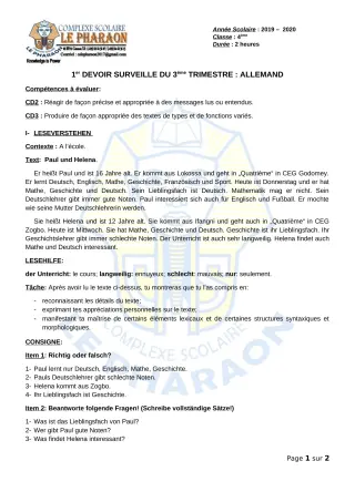 Première page de Allemand 4e ML — 1er devoir surveillé, 3e trimestre (2019-2020) · CPEG LE PHARAON