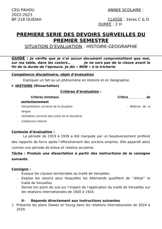 Première page de Histoire-Géographie 1ère C, 1ère D — 1er devoir surveillé, 1er semestre (2022-2023) · CEG PAHOU