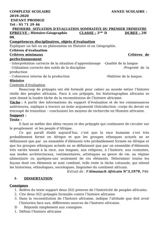 Première page de Histoire-Géographie 2nde D — Évaluation sommative, 1er trimestre (2019-2020) · CPEG ENFANT PRODIGE