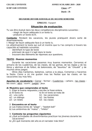 Première page de Espagnol 4e ML&MC — 2e devoir surveillé, 2e semestre (2019-2020) · CEG L'Entente