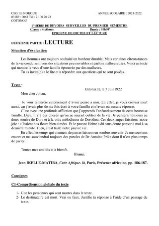 Première page de Français 6e — 1er devoir surveillé, 1er semestre (2021-2022) · CEG LE NOKOUE