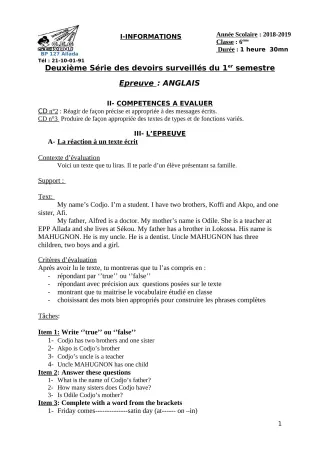 Première page de Anglais 6e — 2e devoir surveillé, 1er semestre (2018-2019) · CEG Sékou