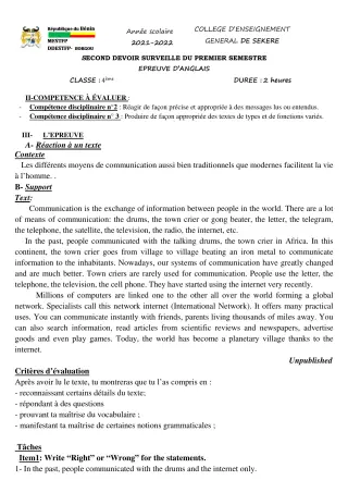 Première page de Anglais 4e — 2e devoir surveillé, 1er semestre (2021-2022) · CEG SEKERE