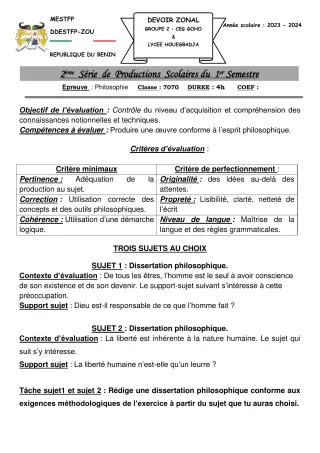 Première page de Philosophie Tle A & B — 2e production scolaire, 1er semestre (2023-2024) · CEG GOHO