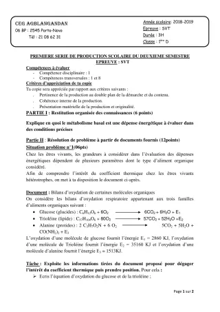 Première page de SVT 1ère D — 1re production scolaire, 2e semestre (2018-2019) · CEG AGBLANGANDAN