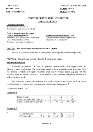 Première page de SVT 1ère A2 — 1er devoir surveillé, 1er semestre (2023-2024) · CEG Yagbe