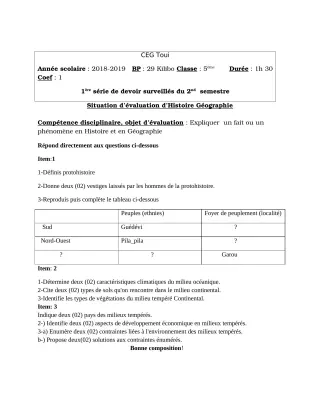 Première page de Histoire-Géographie 5e — 1er devoir surveillé, 2e semestre (2018-2019) · CEG TOUI
