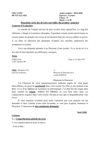 Première page de Français 5e — 2e devoir surveillé, 1er semestre (2019-2020) · CEG AYOU