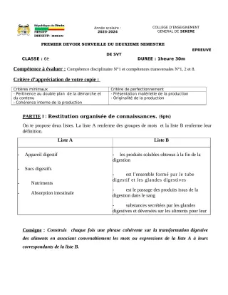 Première page de SVT 6e — 1er devoir surveillé, 2e semestre (2023-2024) · CEG SEKERE
