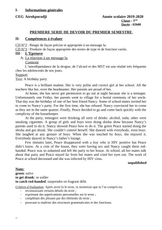 Première page de Anglais 3e, 3e ML — 1er devoir surveillé, 1er semestre (2019-2020) · CEG ATROKPOCODJI