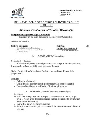 Première page de Histoire-Géographie 2nde D — 2e devoir surveillé, 1er semestre (2018-2019) · CEG Sékou