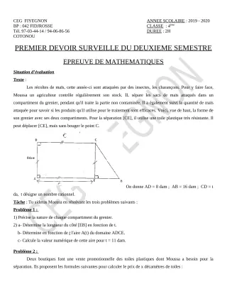 Première page de Mathématiques 4e, 4e ML — 1er devoir surveillé, 2e semestre (2019-2020) · CEG FIYEGNON